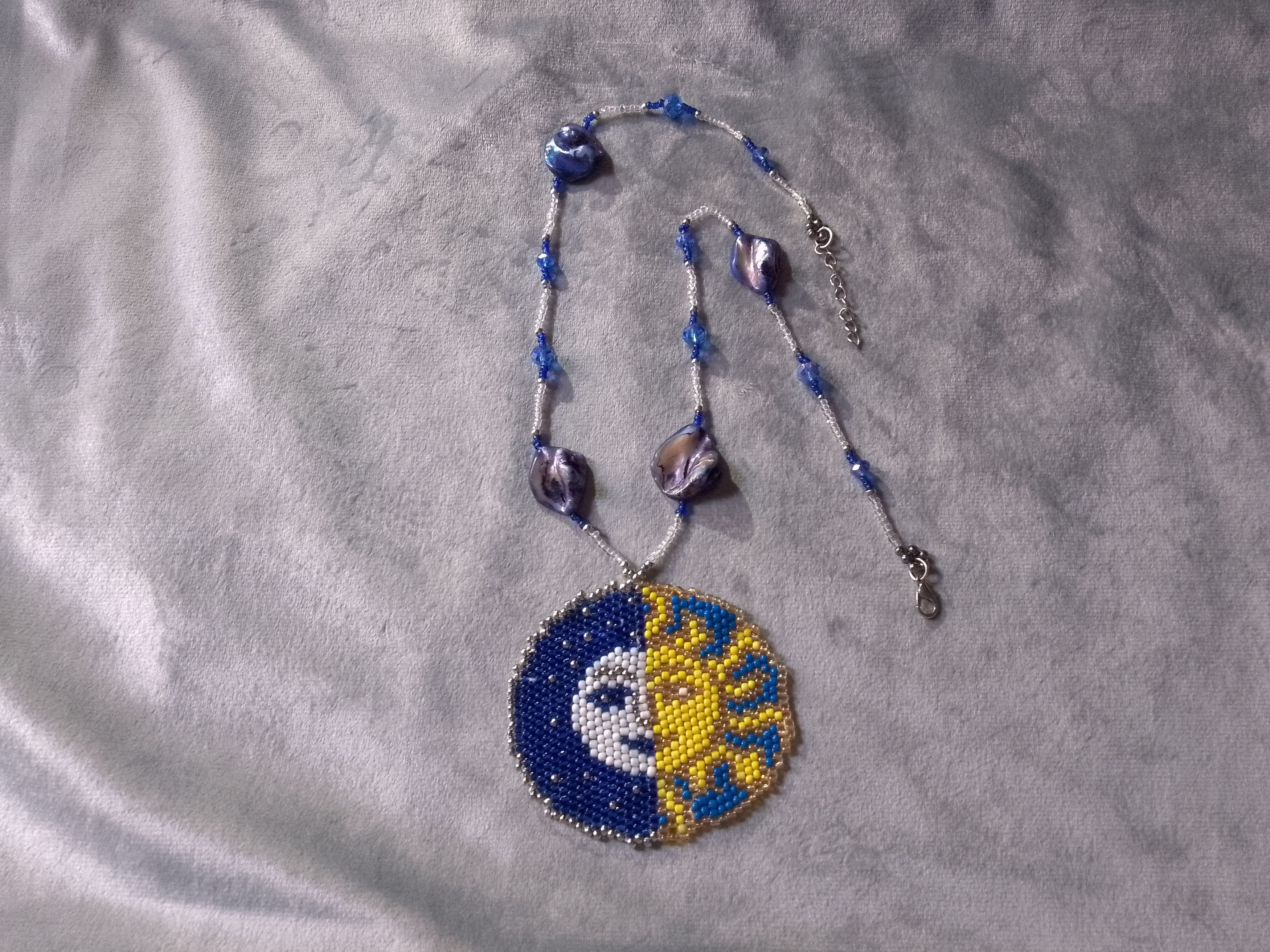 Handmade Necklace Long Blue Mothe of Pearl Beaded Pendant Sun Moon Size ONE SIZE - 4 Thumbnail