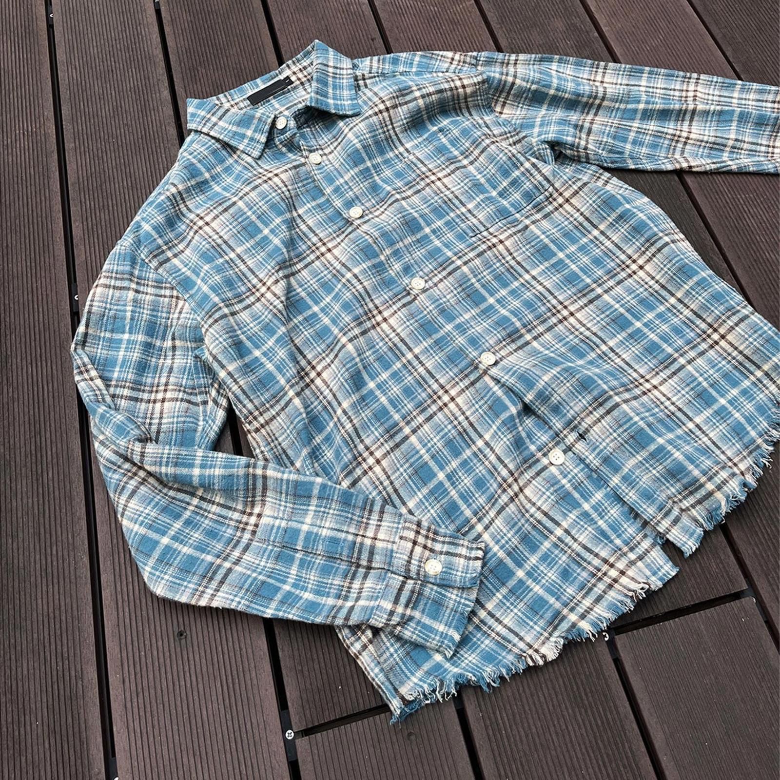 Blue Plaid Frayed Edge Long Sleeve Button-Up Shirt
