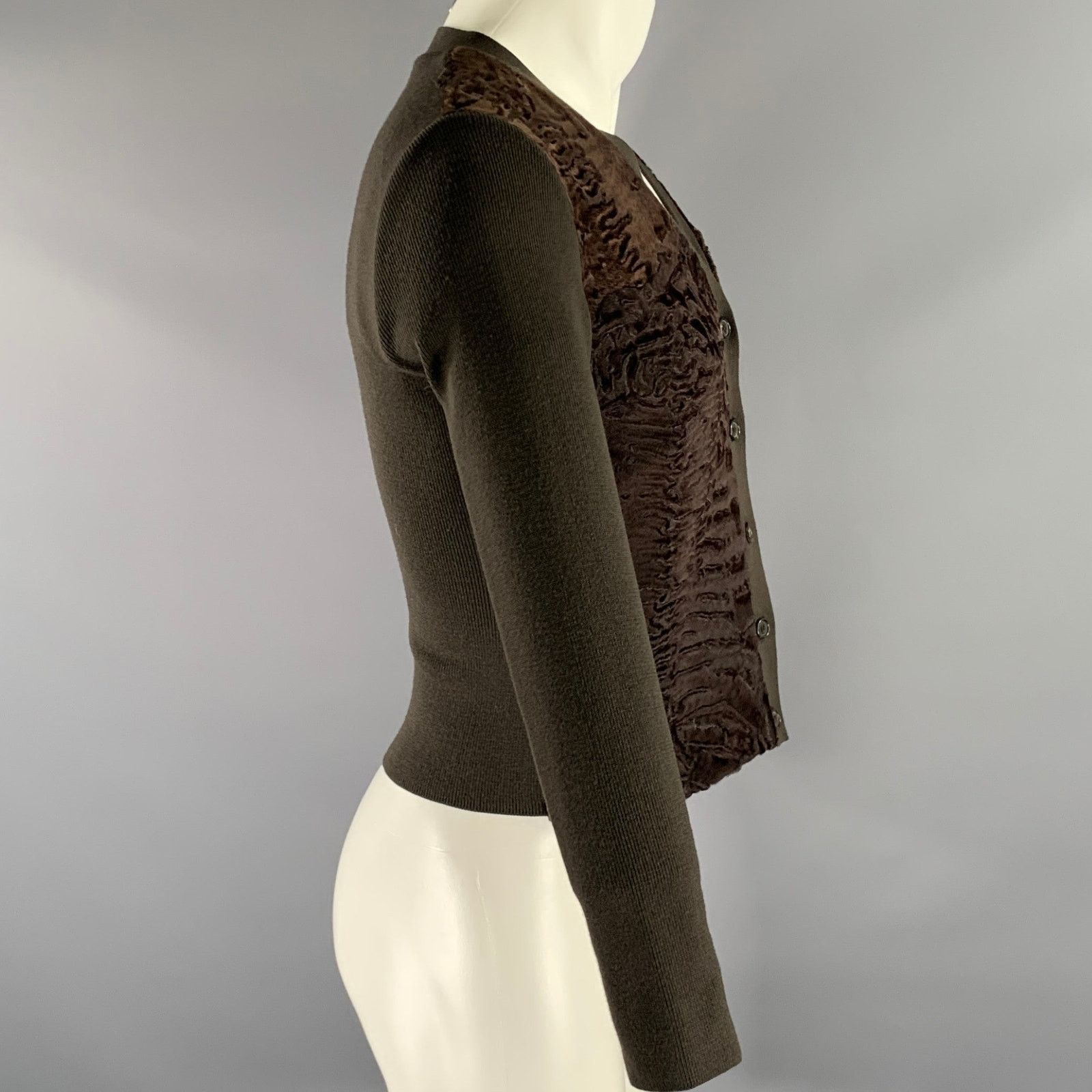 Prada PRADA Size S Brown Lamb Fur Ribbed Wool Cardigan Size US XXS / EU 40 - 3 Thumbnail