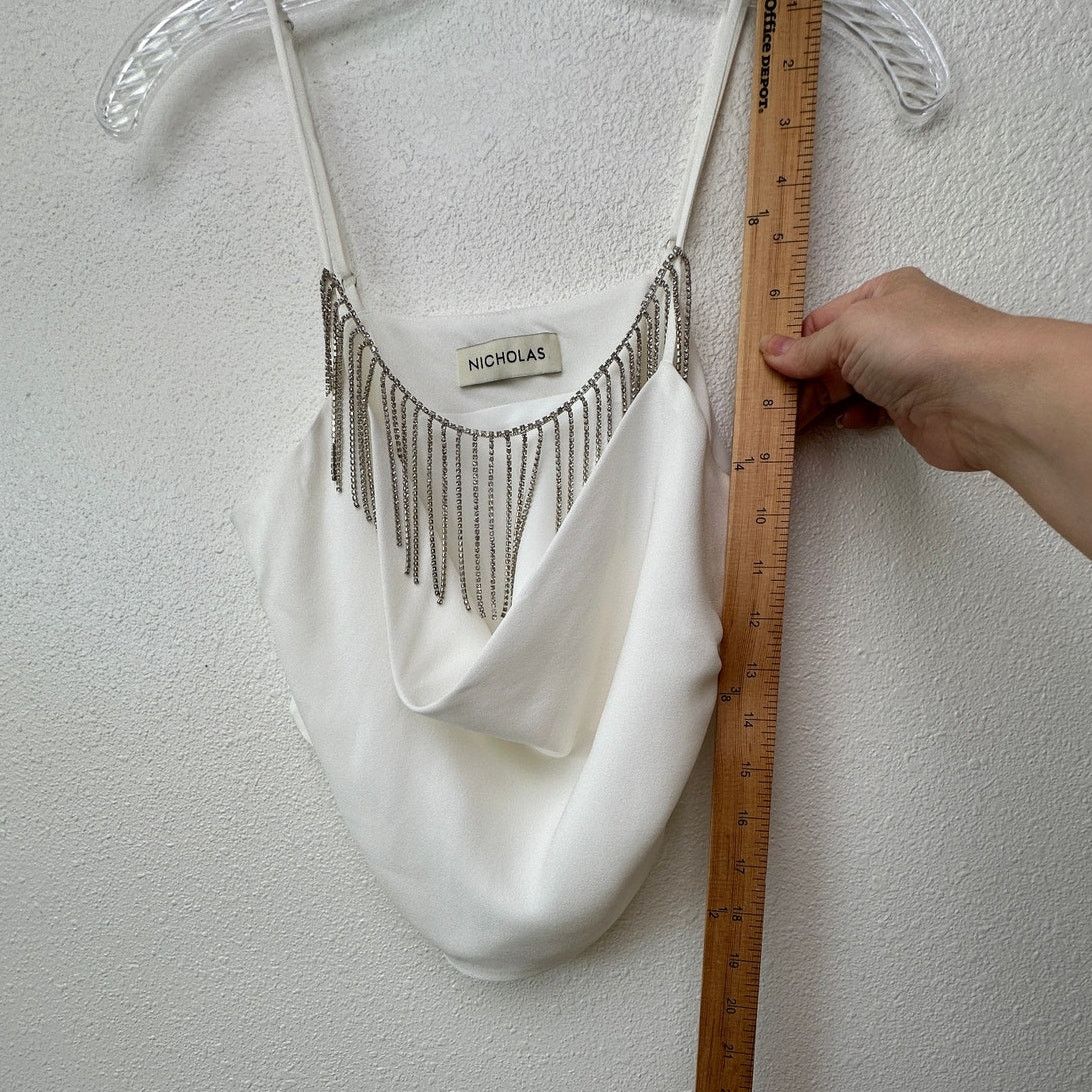 NICHOLAS Nicholas Rhinestone Fringe Cowl Neck Ivory Crop Top – M Size M / US 6-8 / IT 42-44 - 13 Thumbnail