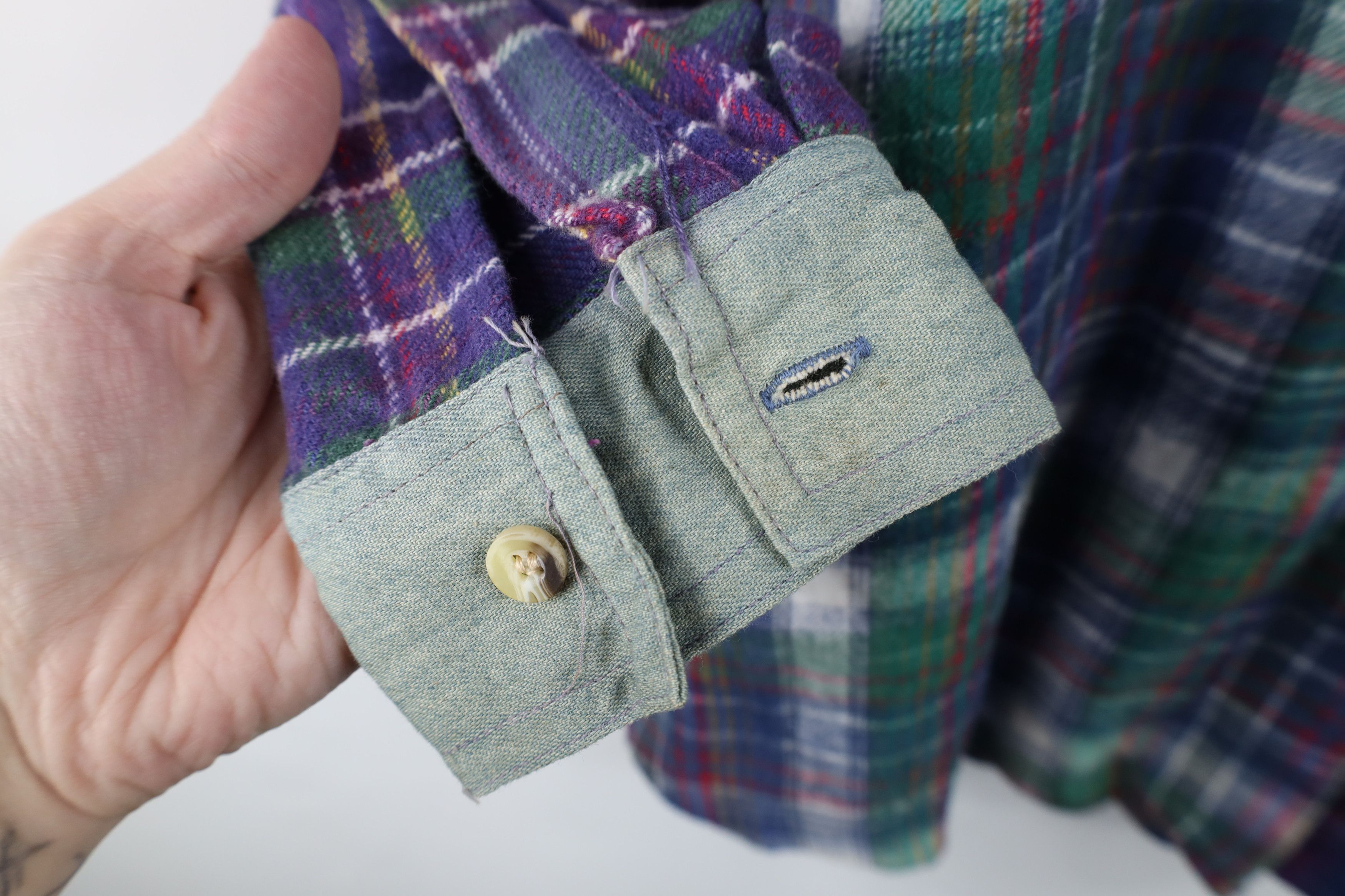 Vintage Vintage 90s Streetwear Denim Trim Flannel Button Shirt Plaid Size L / US 10 / IT 46 - 5 Thumbnail