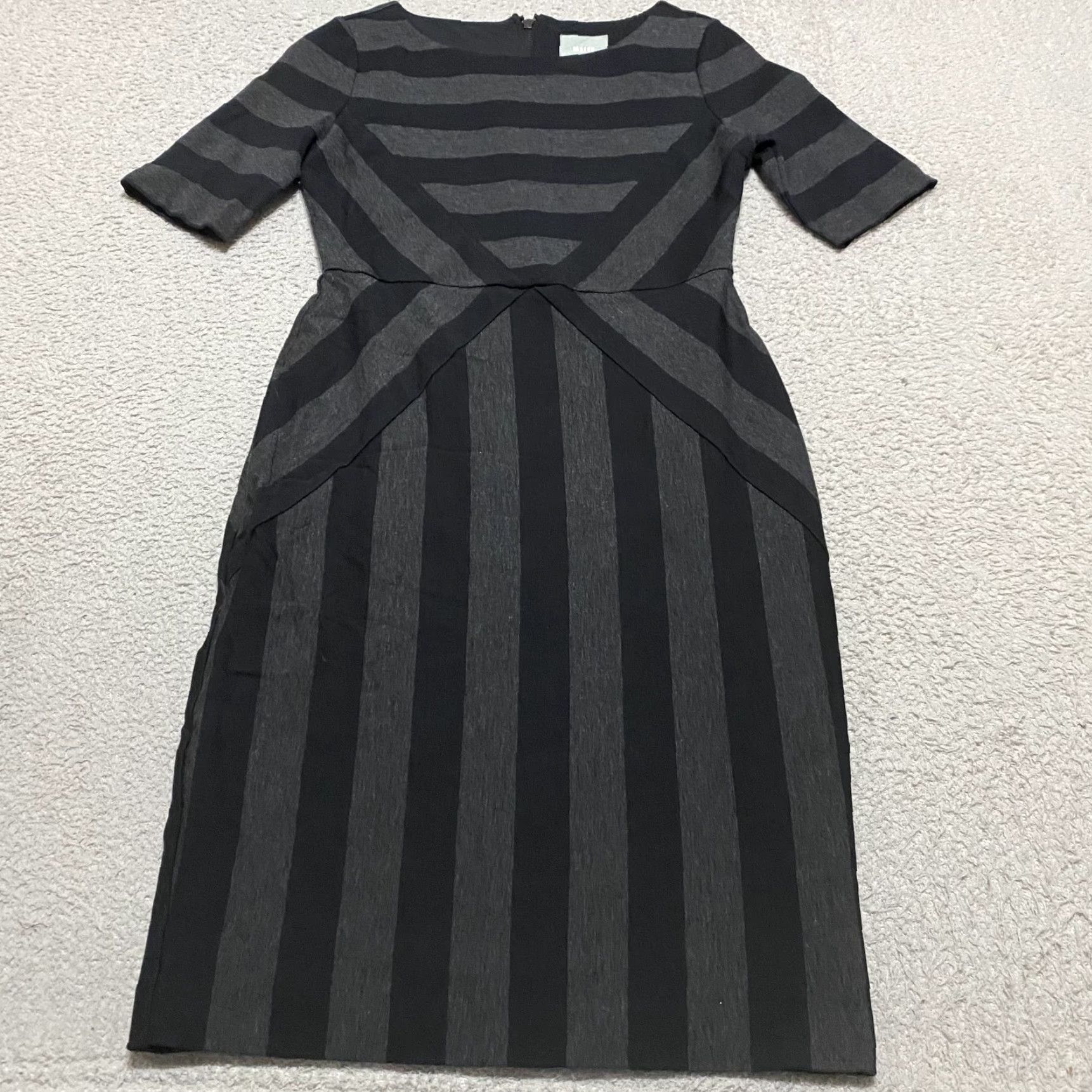 Vintage Maeve Dress Womens 6 Black Gray Striped Short Sleeve Midi Sheath Classic Stretch Size 28" / US 6 / IT 42 - 2 Thumbnail