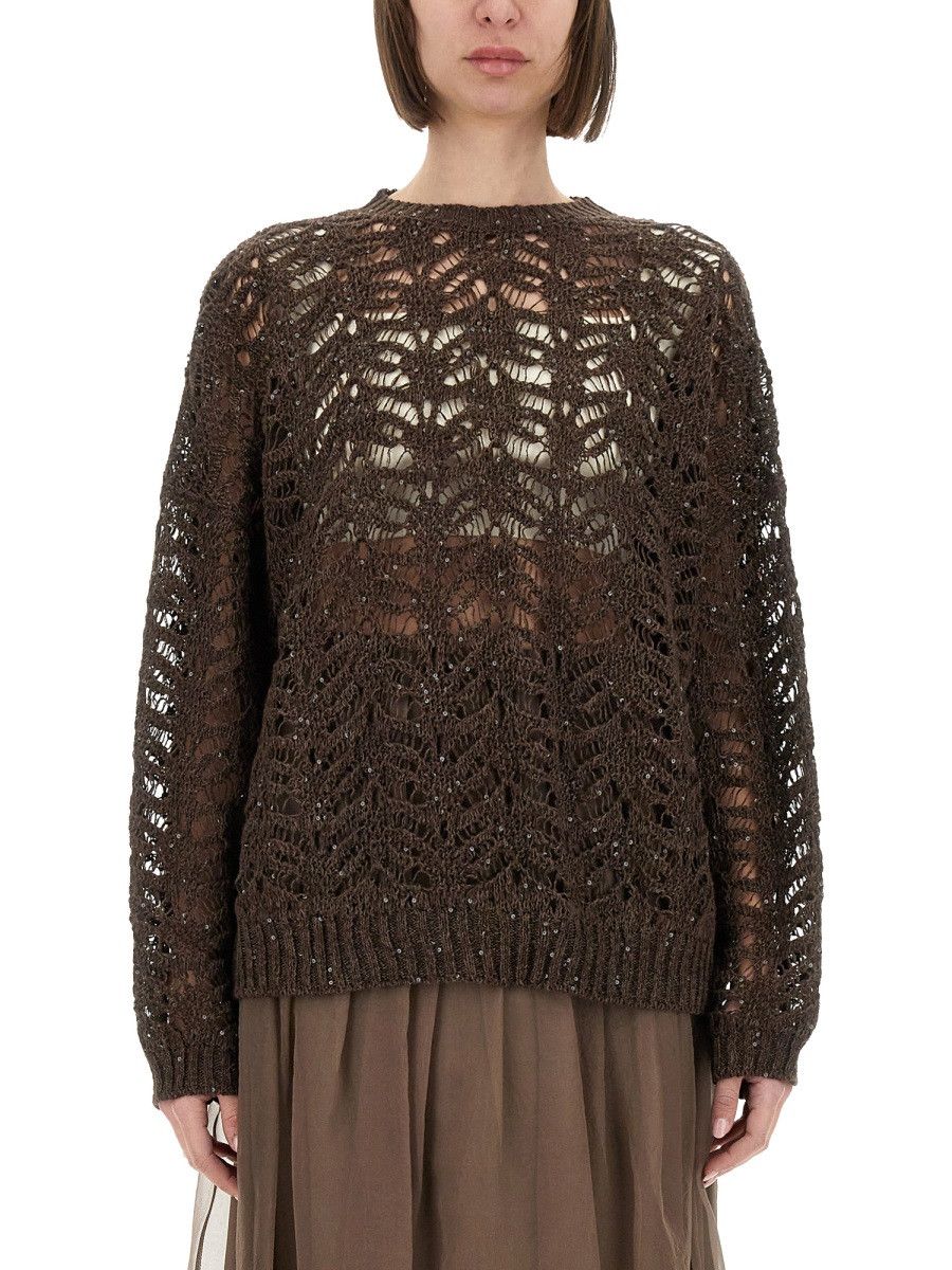 Brunello Cucinelli BRUNELLO CUCINELLI FOLIAGE LACE LINEN AND SILK DIAMOND KNIT Size L / US 10 / IT 46 - 1 Thumbnail
