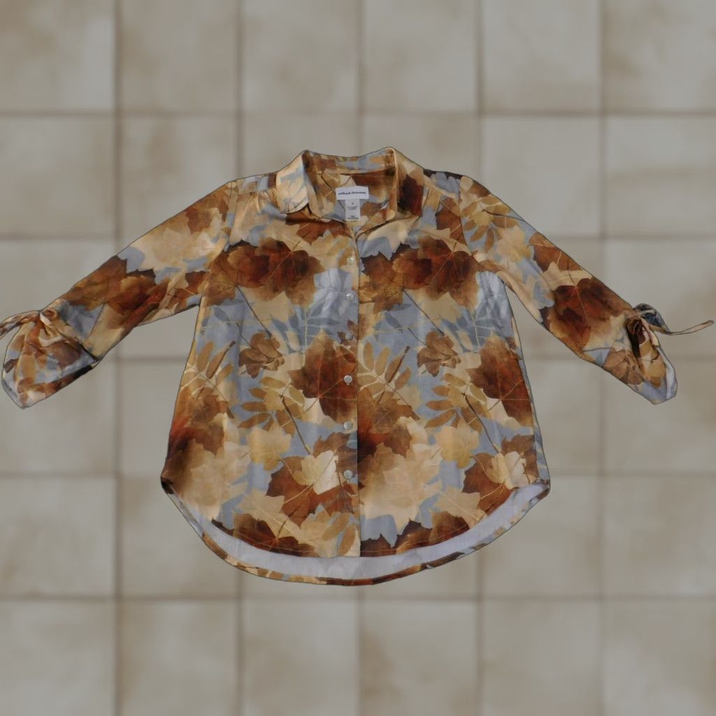 Vintage Alfred Dunner Blouse Womens S Brown Tan Leaf Print Button Front Sheer Top Casual Knit Polyester Beaded 3/4 Sleeve Geometric ID:None Size S / US 4 / IT 40 - 1 Thumbnail