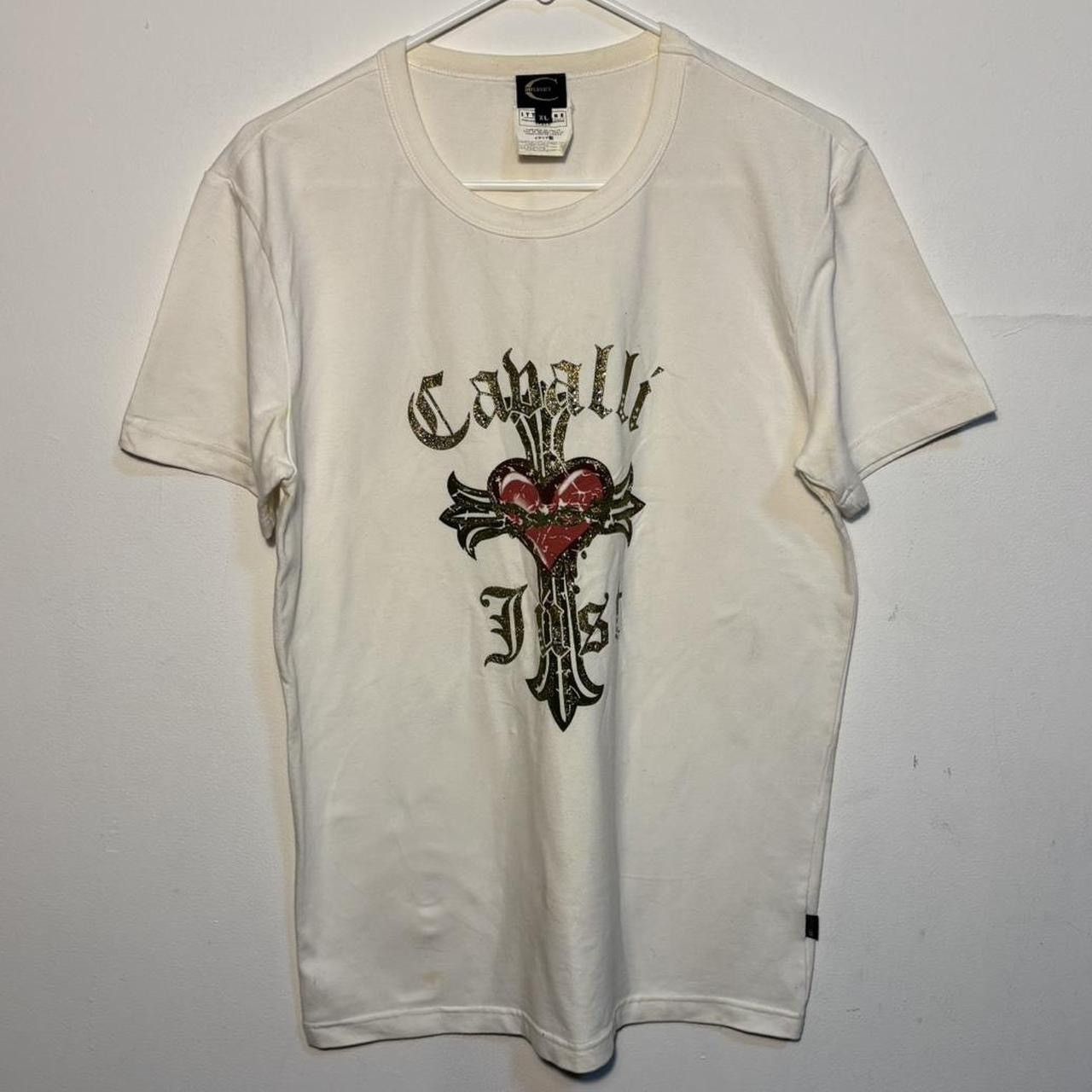 Just Cavalli Early 2000s Just Cavalii Rhinestone Heart and Cross T-Shirt Size XL / US 12-14 / IT 48-50 - 1 Thumbnail