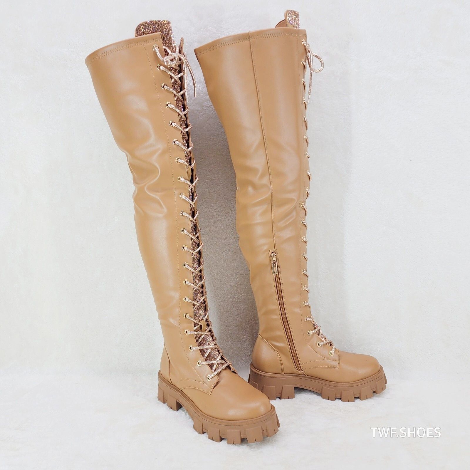 Other Roscoe Rose Gold Tan Combat Thigh High Boots Rose Gold Rhine Size US 11 / IT 41 - 4 Thumbnail