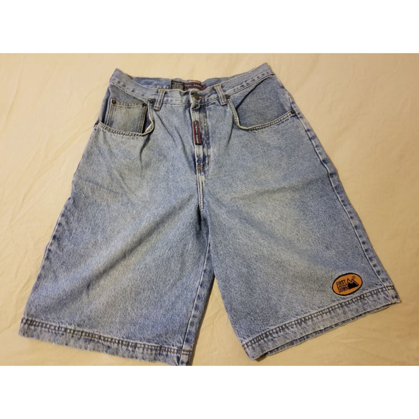 Vintage VINTAGE First Down Mens Bermuda Shorts Denim 34 32 90s Hip Hop Blue Cotton Baggy Pocket 5-Pocket Style Casual Summer Spring Mens Size US 34 / EU 50 - 4 Thumbnail
