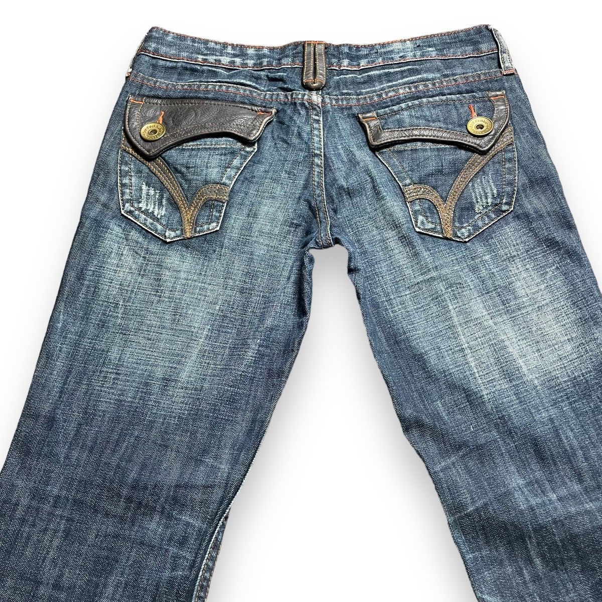 🇯🇵 SUPER FLARE BACK NUMBER LEATHER POCKET DENIM PANTS