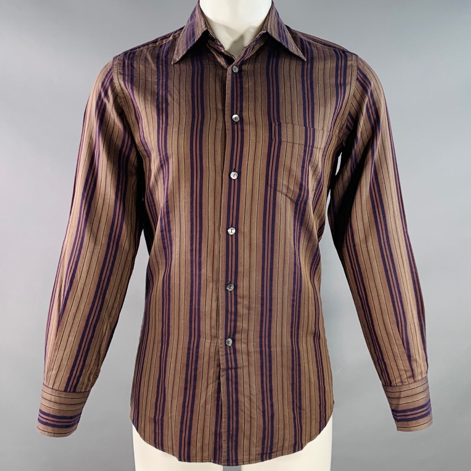 Dolce & Gabbana Size S Brown Navy Stripe One Pocket Long Sleeve Shirt Size US S / EU 44-46 / 1 - 1 Thumbnail