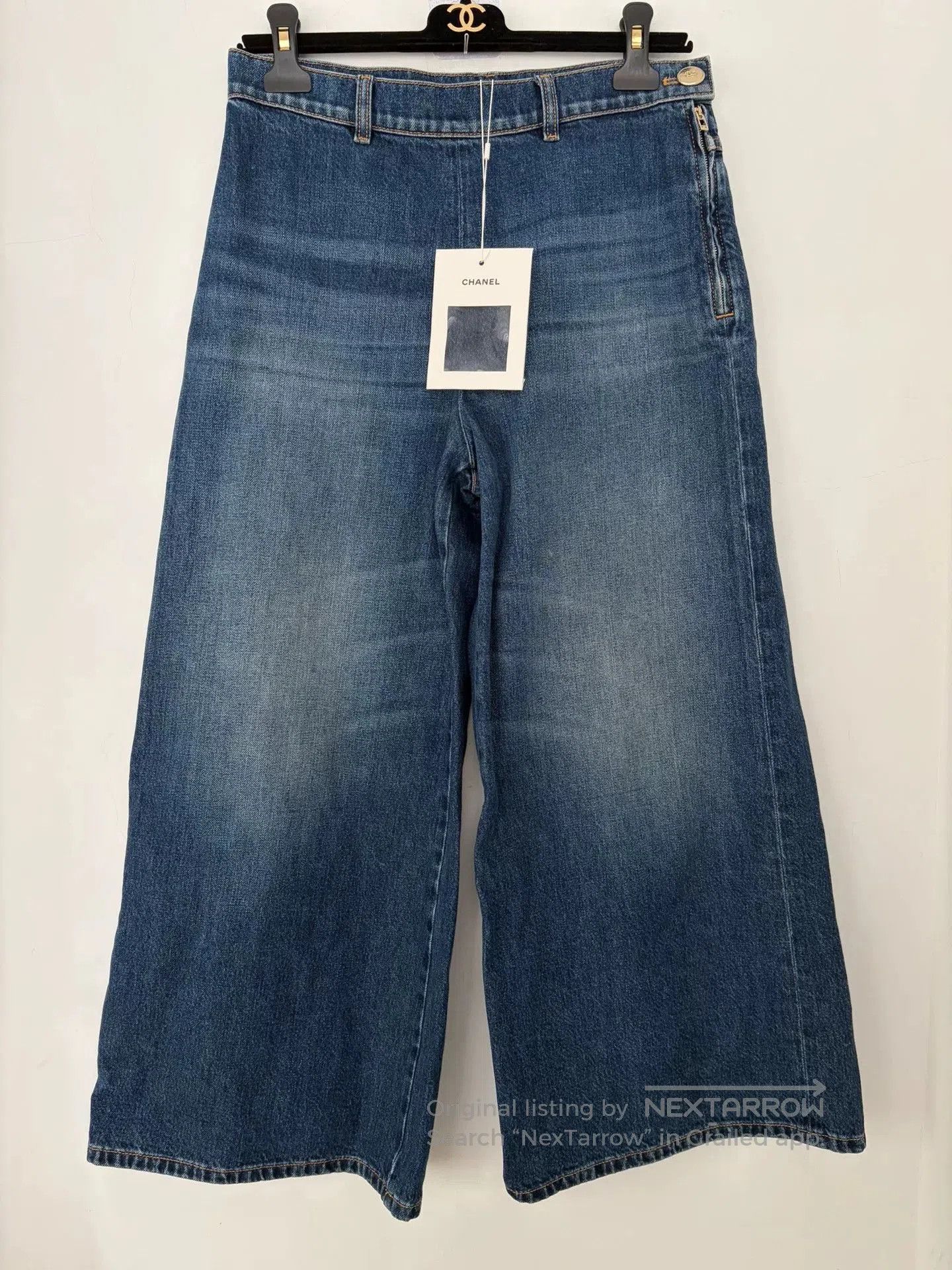 Chanel Side Zip Wide-Leg Denim Jeans.