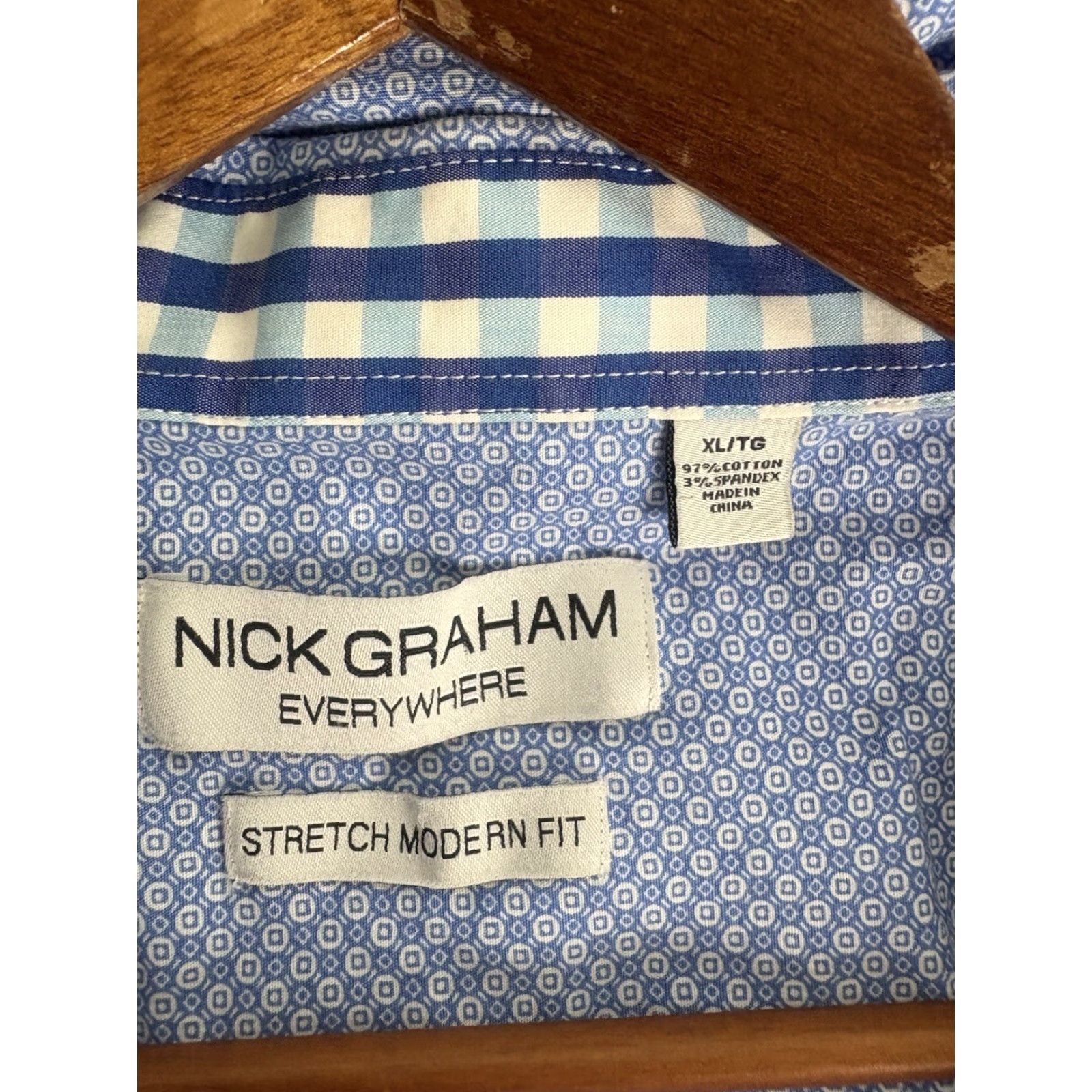 Vintage VINTAGE Nick Graham Everywhere Men's Dress Shirt XL Blue/White Geometric Pattern Business Casual Stretch Modern Fit Size 46R - 7 Thumbnail