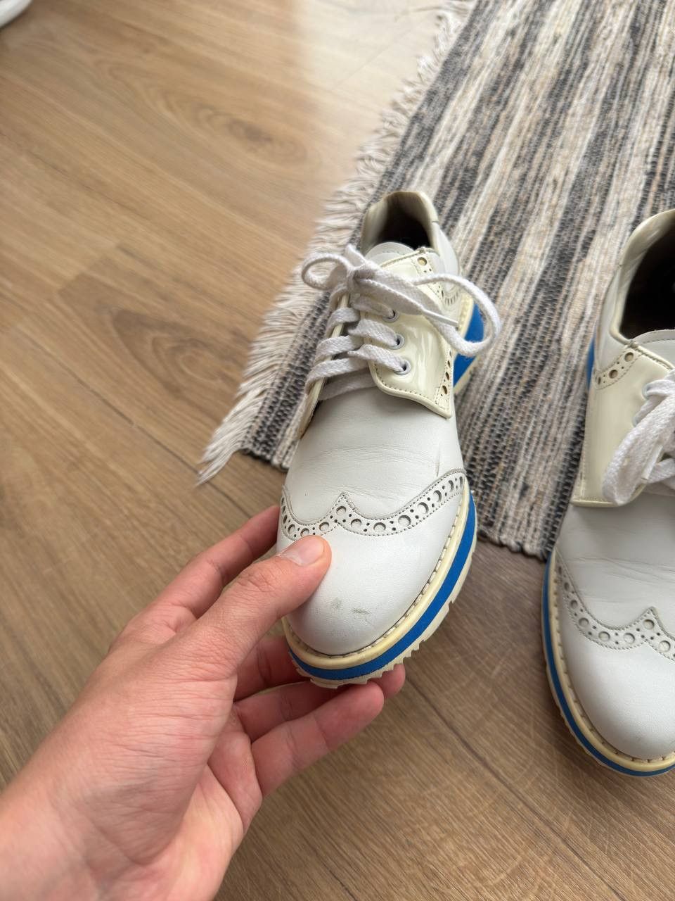 Prada PRADA WOOMEN’S WHITE LEATHER WINGTIP LACE UP OXFORD SHOES Size US 7.5 / IT 37.5 - 5 Thumbnail