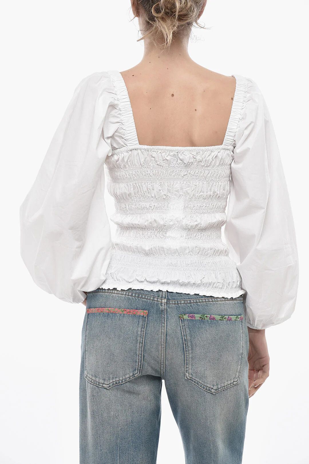 Ganni og1mm0426 Smocked Cotton Blouse in White Size S / US 4 / IT 40 - 2 Thumbnail