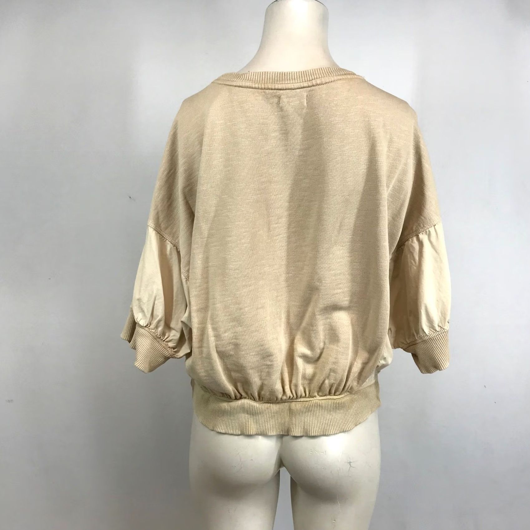 Vintage Pilcro and the Letterpress Sweatshirt M Beige Puff Sleeve Crew Neck Bubble Hem Knit Mixed Media Casual Womens Size M / US 6-8 / IT 42-44 - 5 Thumbnail