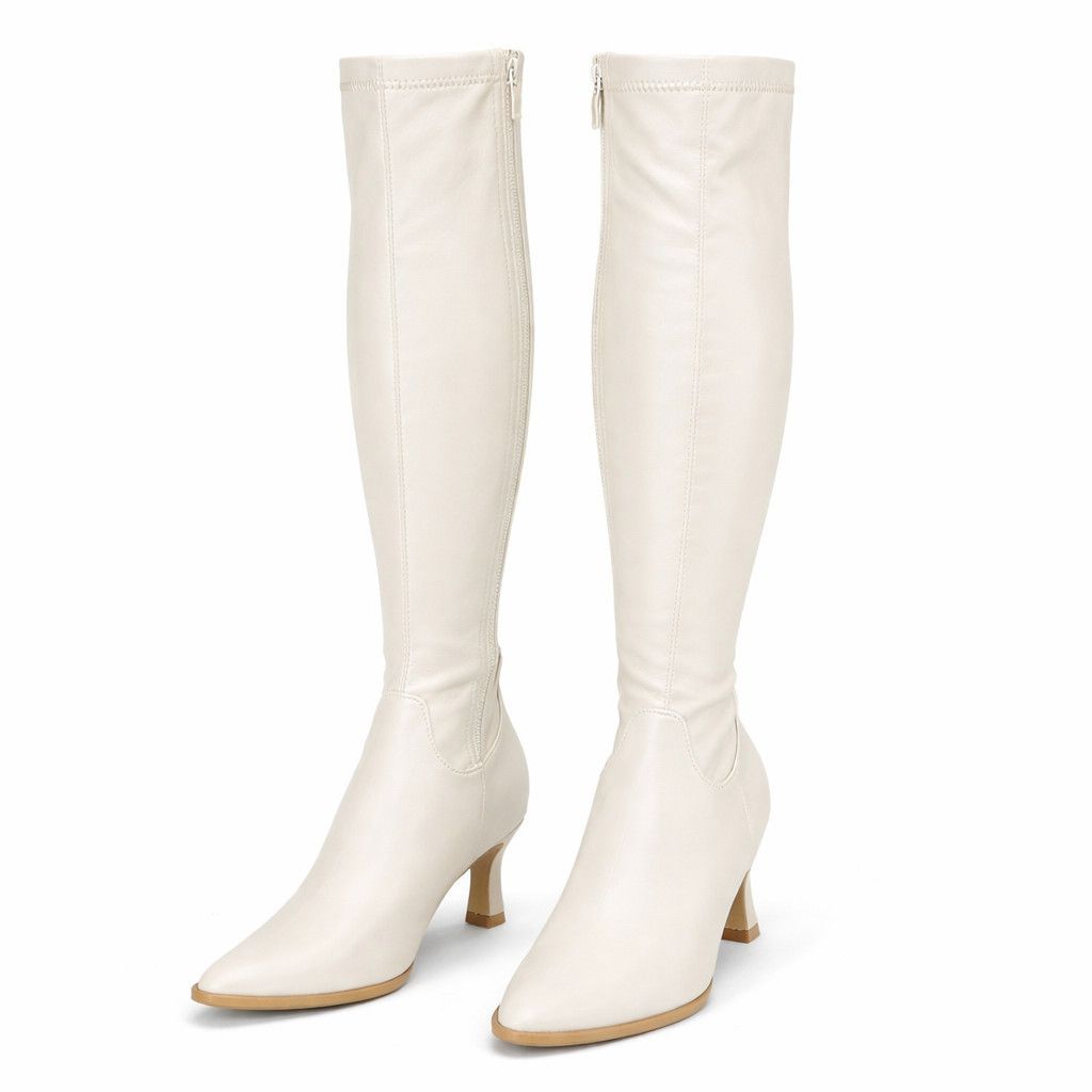Other Kitty 2 White Stretch Matte Knee Boots 2.5" Kitten Heels Wid Size US 6 / IT 36 - 4 Thumbnail