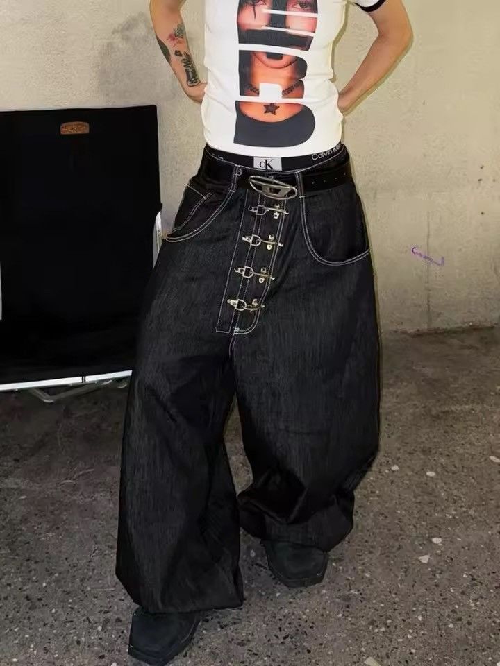 Jean Streetwear Metal Buckle Wide Leg Retro Style Jeans Pants Size 27" / US 4 / IT 40 - 1 Thumbnail