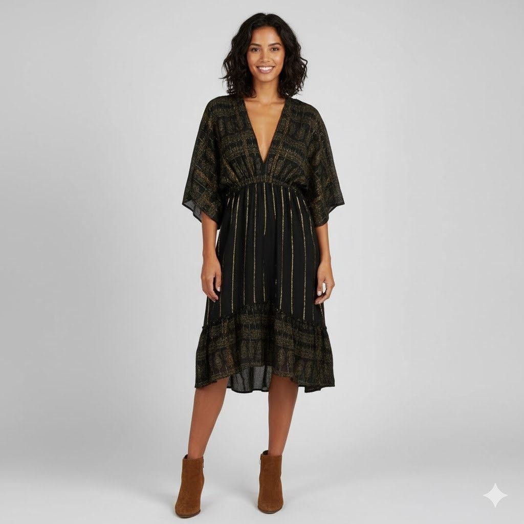 Other Ashley Taylor Metallic Print V-Neck Boho Kimono Dress Size ONE SIZE - 1 Thumbnail