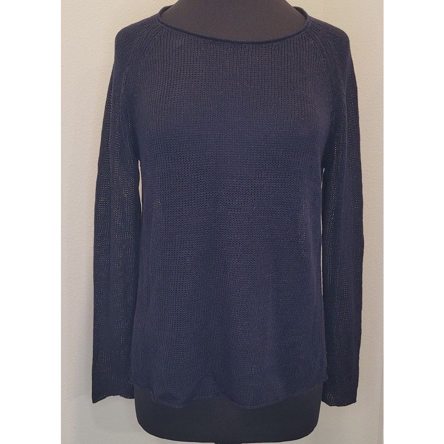 Eileen Fisher Navy Blue Linen Loose Knit Rollneck Sweater –S