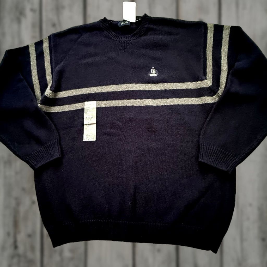 Izod IZOD Crewneck Cotton Sweater Mens L Navy Blue w Gray Stripes 5GG Crested NEW Size US L / EU 52-54 / 3 - 1 Thumbnail