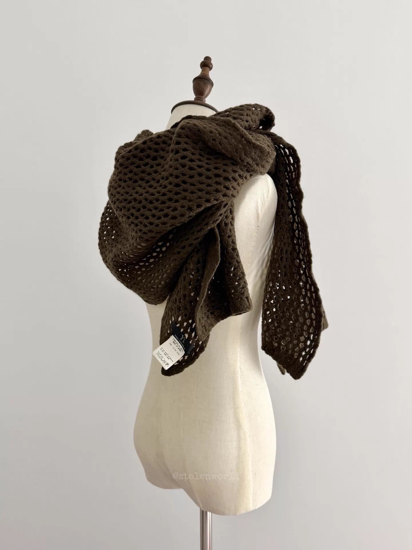 Yohji Yamamoto Yohji Yamamoto Y's Crochet Mesh Wool Scarf Moss Brown Size ONE SIZE - 4 Thumbnail