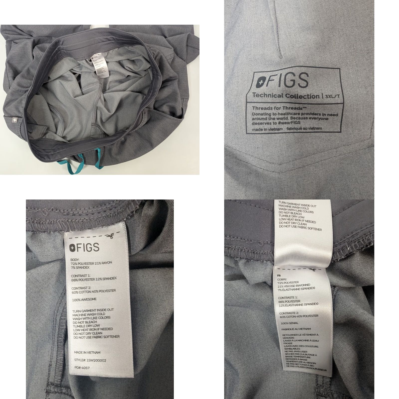 Vintage FIGS Jogger Pant Scrub Bottom 3XL Tall Grey Drawstring Waist Women Medical Polyester Blend Solid 1SW200002 Size US 39 - 8 Thumbnail
