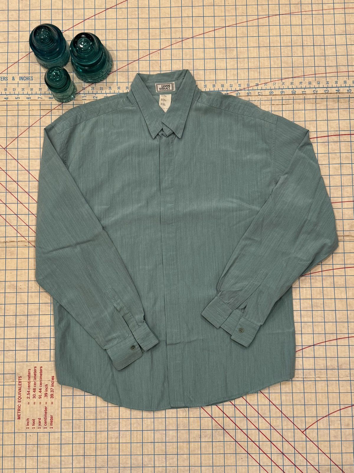 Versace Vintage Gianni Versace Rare Single Colour Blue Silk ButtonUp Size US L / EU 52-54 / 3 - 4 Thumbnail
