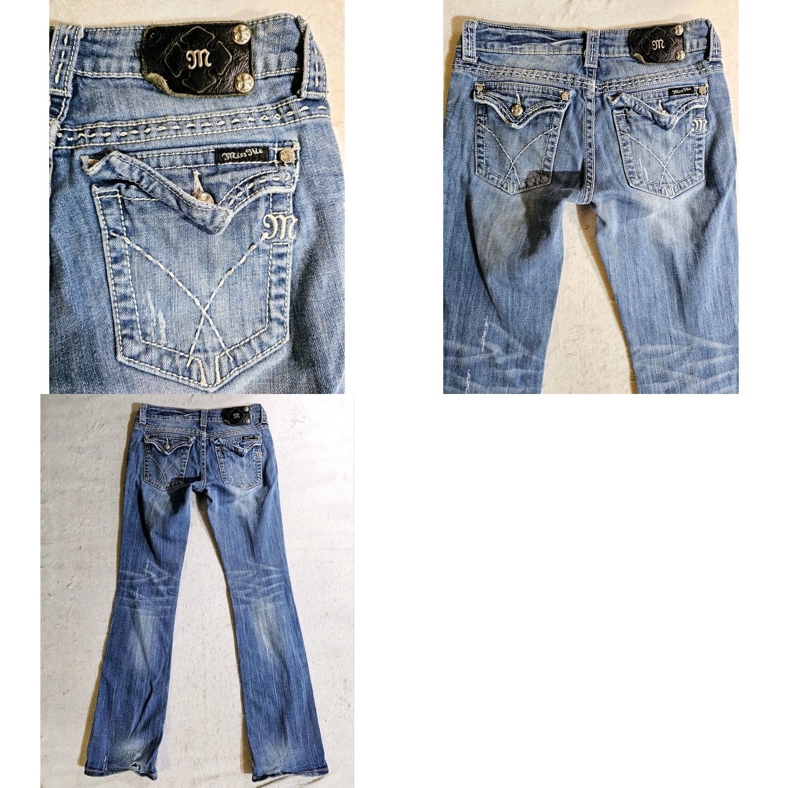 Miss Me Miss Me Signature Boot Cut Jeans Stretch 29x32 Denim Blue Women's Jeans JW5353B Flap Pockets Thick Stitch Size 29" - 8 Thumbnail