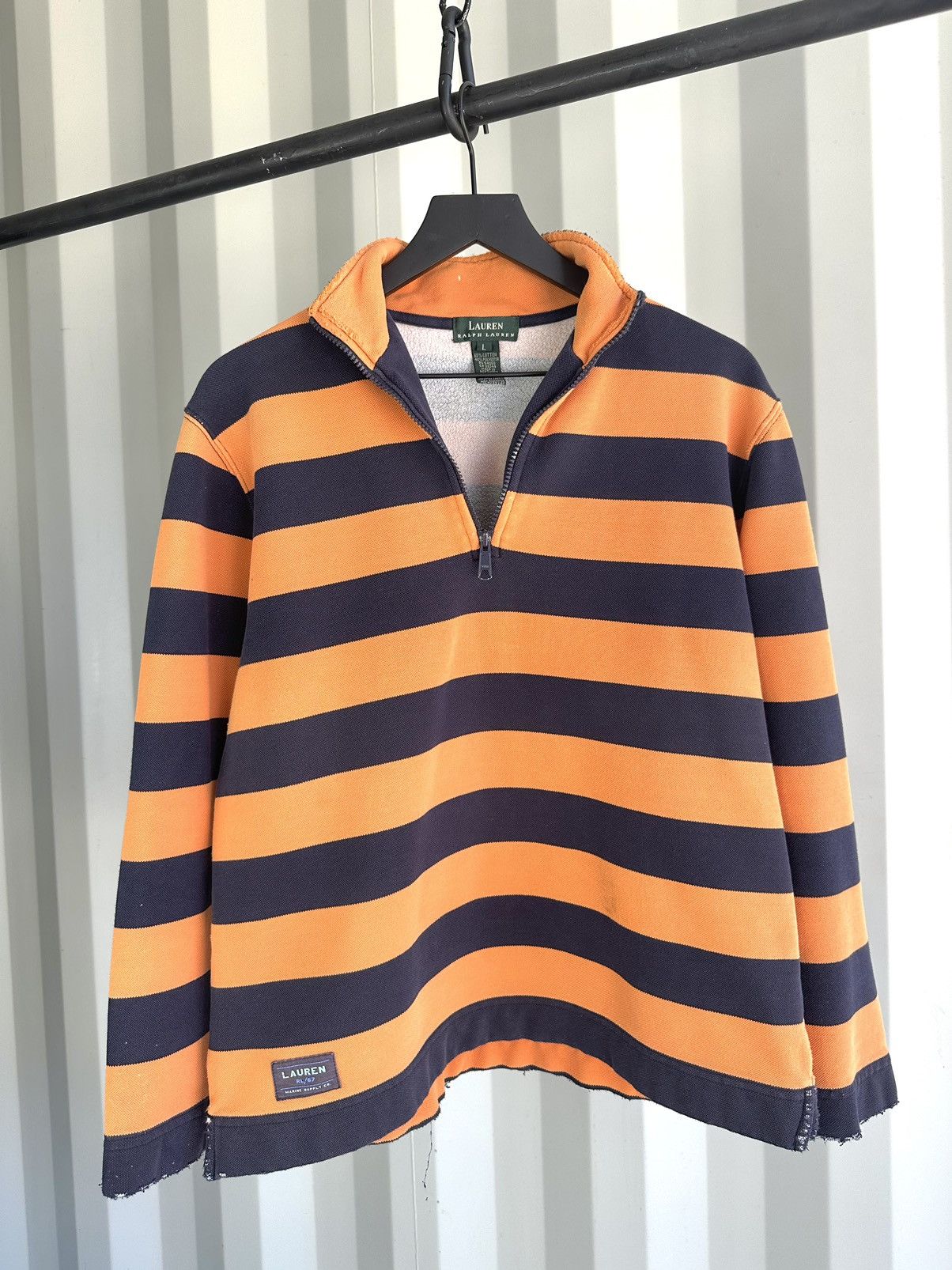 image of Polo Ralph Lauren x Vintage Striped 1/4 Zip Sweatshirt in Orange, Men's (Size Large)
