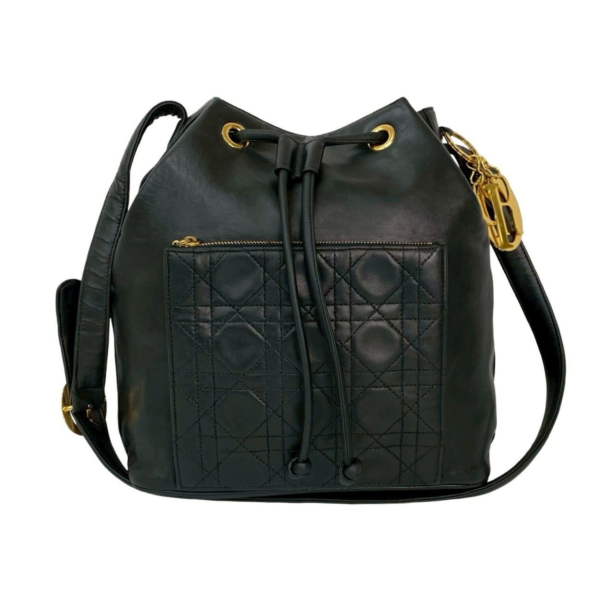 Christian Dior Cannage Stitched Logo Hardware Leather Drawstring Shoulder Bag/Body Bag Black 41574