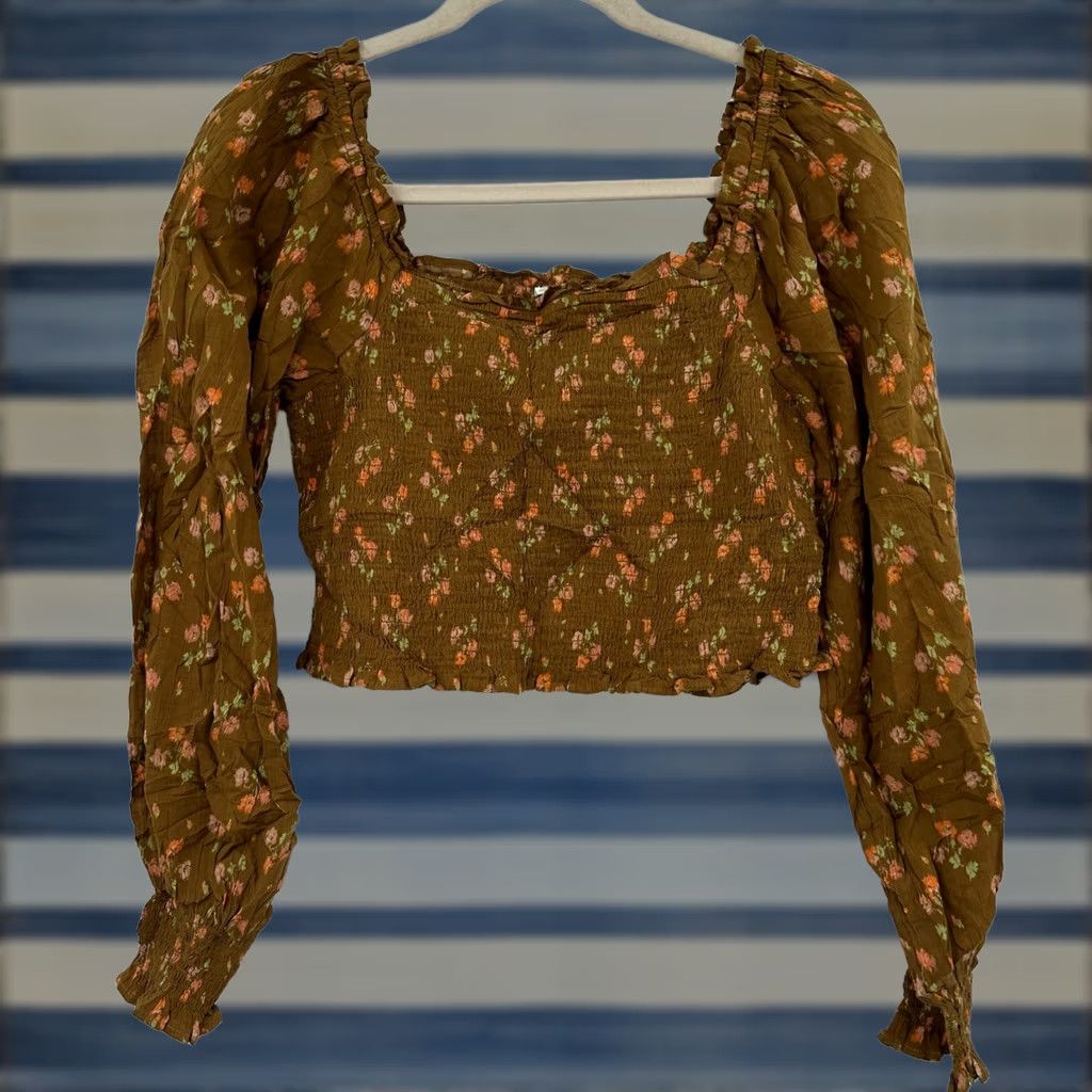 Vintage Aerie Brown Floral Smocked Crop Top Long Puff Sleeve Square Neck Womens M Size M / US 6-8 / IT 42-44 - 1 Thumbnail