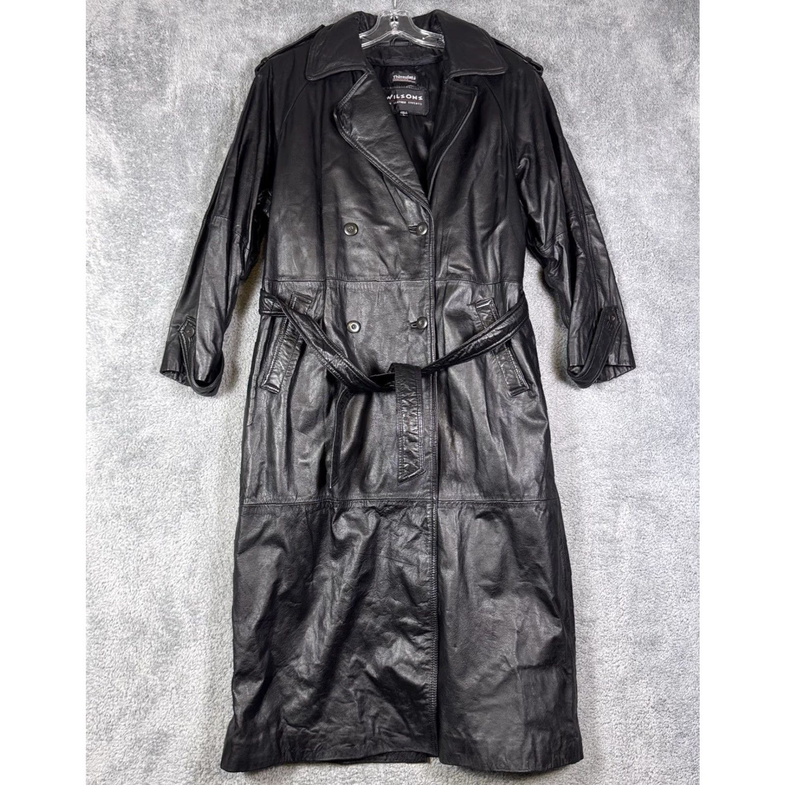Vintage VINTAGE Wilsons Leather Jacket Womens L Belted Double Breasted Trench Coat Thinsulate Black Long Sleeve Jacket Coat Size L / US 10 / IT 46 - 2 Thumbnail