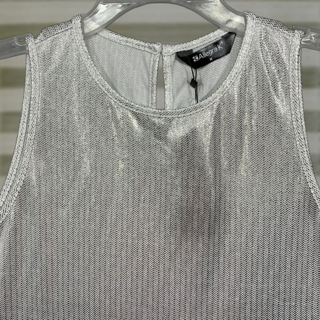 Vintage Allegra K Top Women's M White Silver Shiny 1 Button Closure Machine Washable Tank Blended Polyester Spandex Size M / US 6-8 / IT 42-44 - 1 Thumbnail