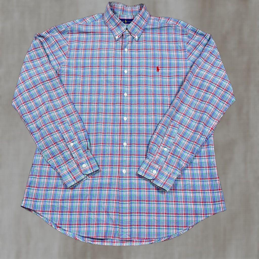 Ralph Lauren Ralph Lauren Shirt Men Large Blue Red Plaid Button Up Poplin Pony Dress Preppy Size 42R - 1 Thumbnail