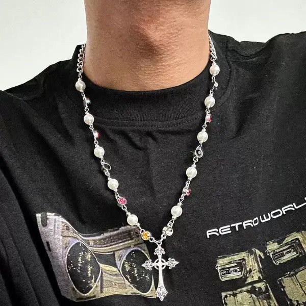 Jewelry Silver Cross Pendant Necklace with Colorful Beads Size ONE SIZE - 3 Thumbnail