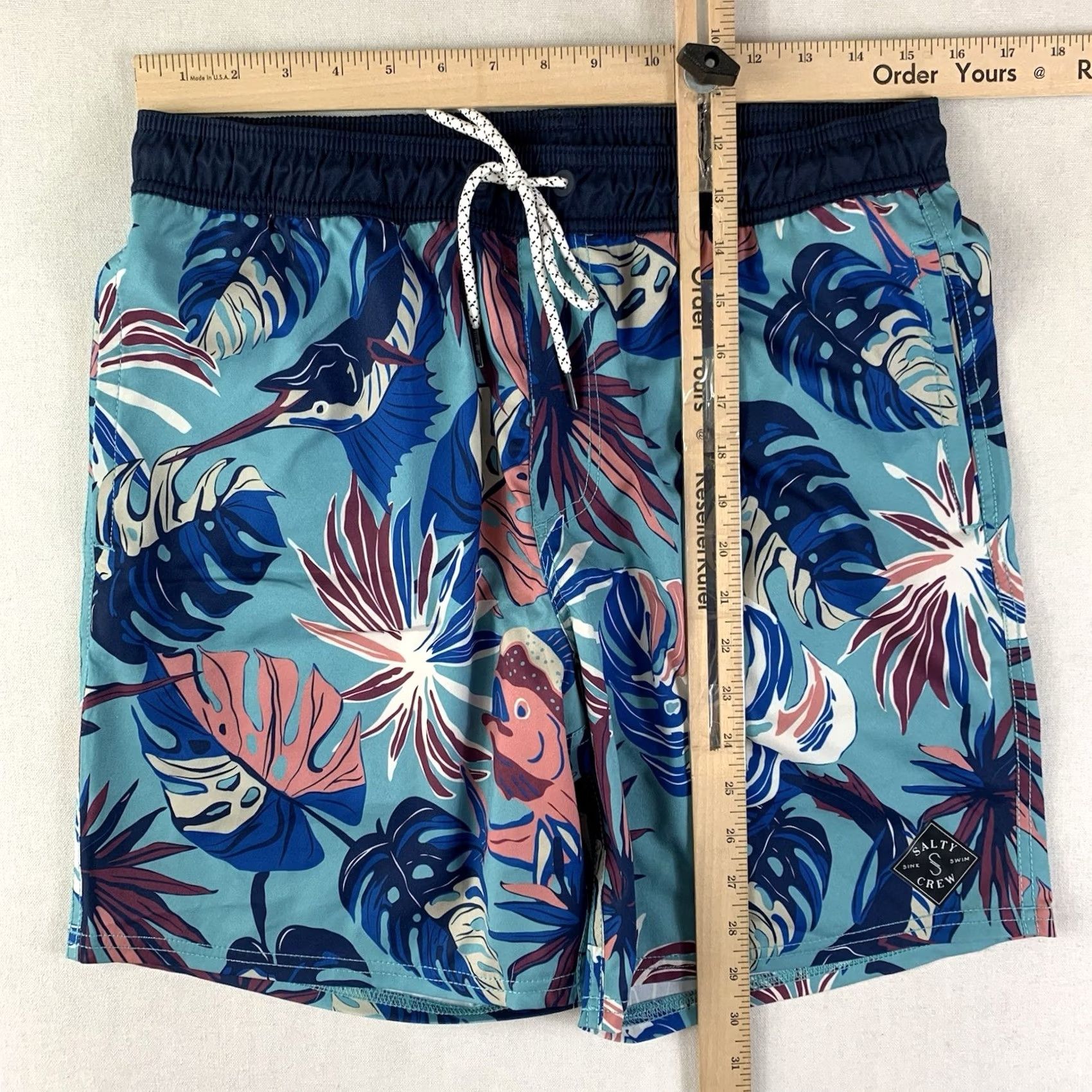 Vintage Salty Crew Swim Trunks Shorts Mens Medium Blue Pink Sailfish Mahi Elastic Waist Beach Fishing Athletic Tropical Size US 31 - 5 Thumbnail