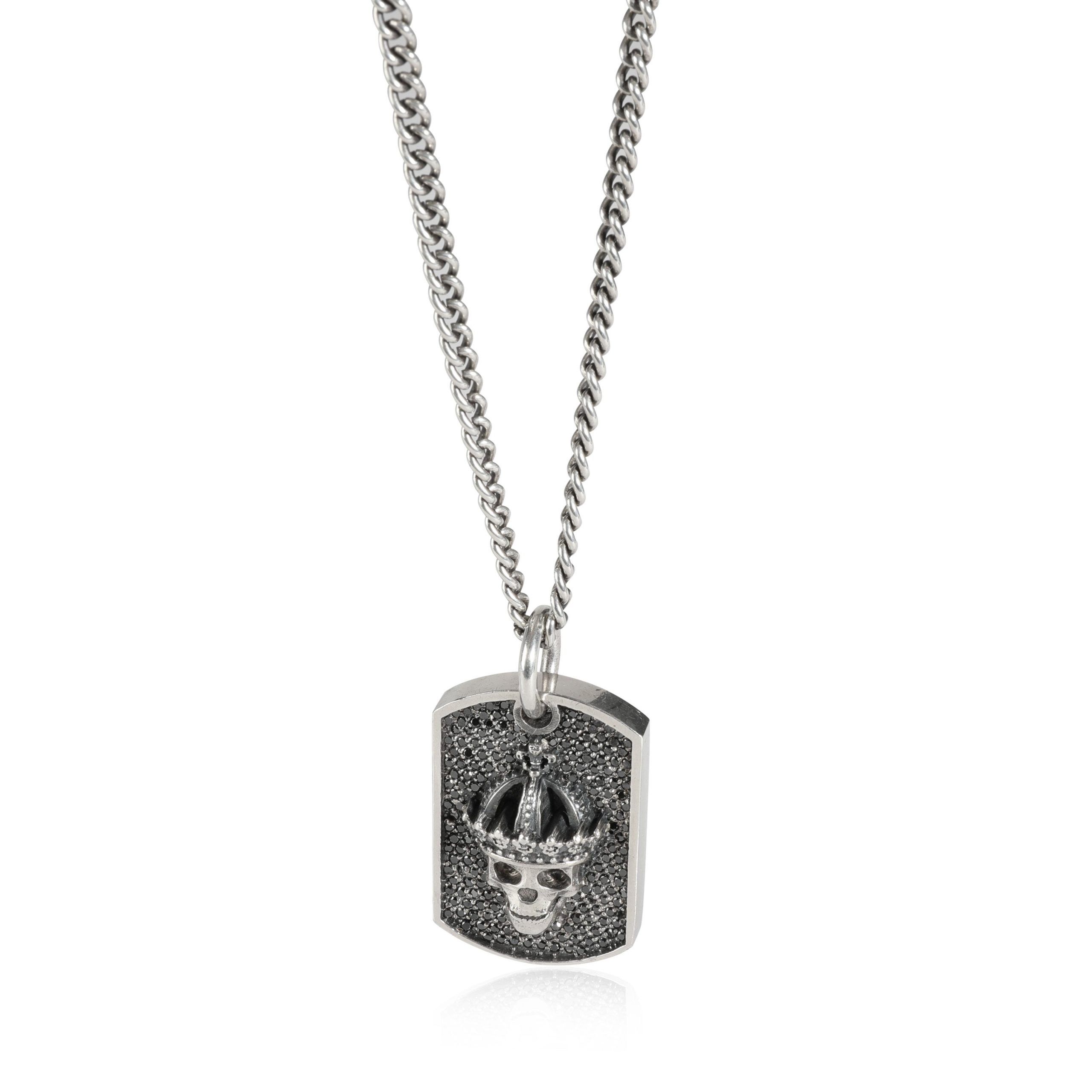 image of King Baby Black Diamond Small Crowned Skull Relic Dog Tag Pen In Sterling Silver, Women's