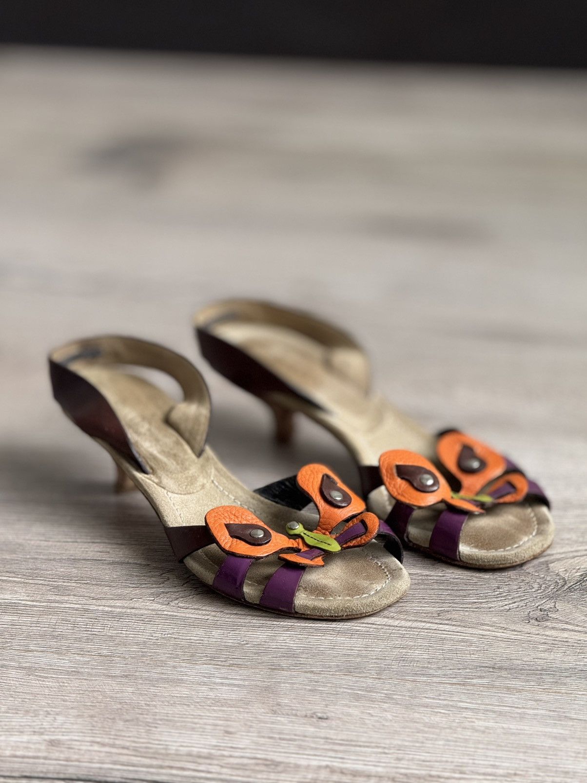 Prada Butterfly 90's Kitten Heel Shoes Sandals Vero Cuoio Vintage in Orange, Women's (Size 8)