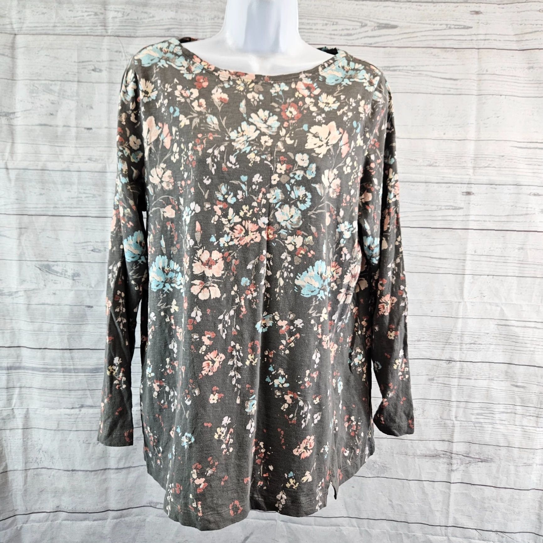 J. Jill Pure Jill Womens Floral Asymmetrical Tunic Sz Medium Gray Blue Organic Cotton Shirt Size M / US 6-8 / IT 42-44 - 2 Thumbnail