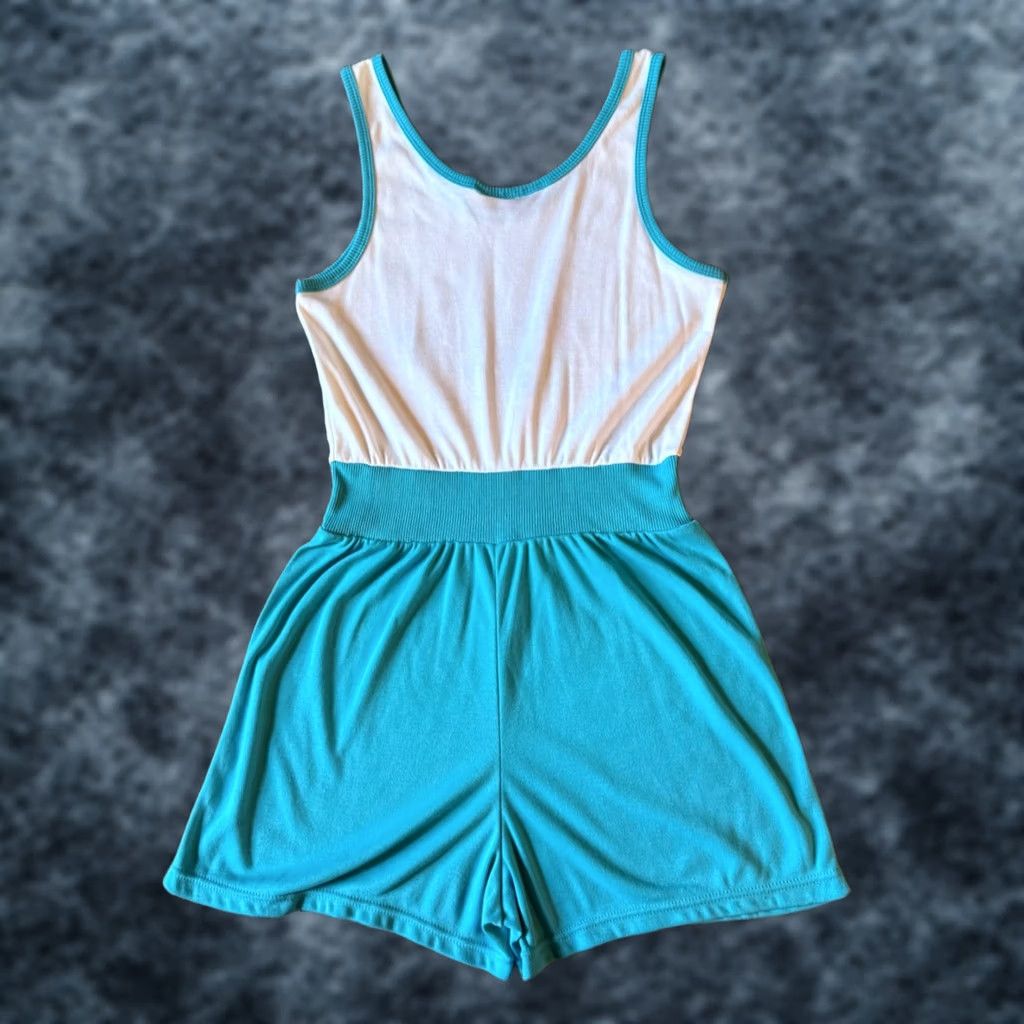 Vintage VINTAGE Rompin Rage Seaside Romper Women Large White/Aqua 80s 90s Romper Casual One-Piece Sleeveless Short Sleeve Wide-Leg Night? Size 36" / US 14 / IT 50 - 1 Thumbnail