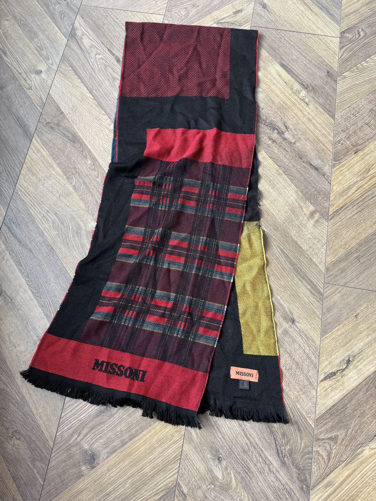 Missoni Missoni 100% Wool Scarf Black Red Plaid Logo Fringe Size ONE SIZE - 3 Thumbnail