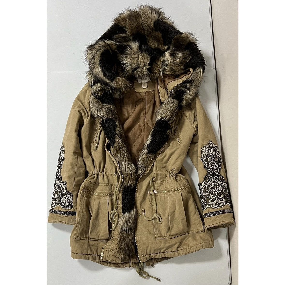 Chicos Chicos Tan Brown Fur Y2K Embroidered Jacket Coat Size 1 🤎✨ Size XS / US 0-2 / IT 36-38 - 2 Thumbnail