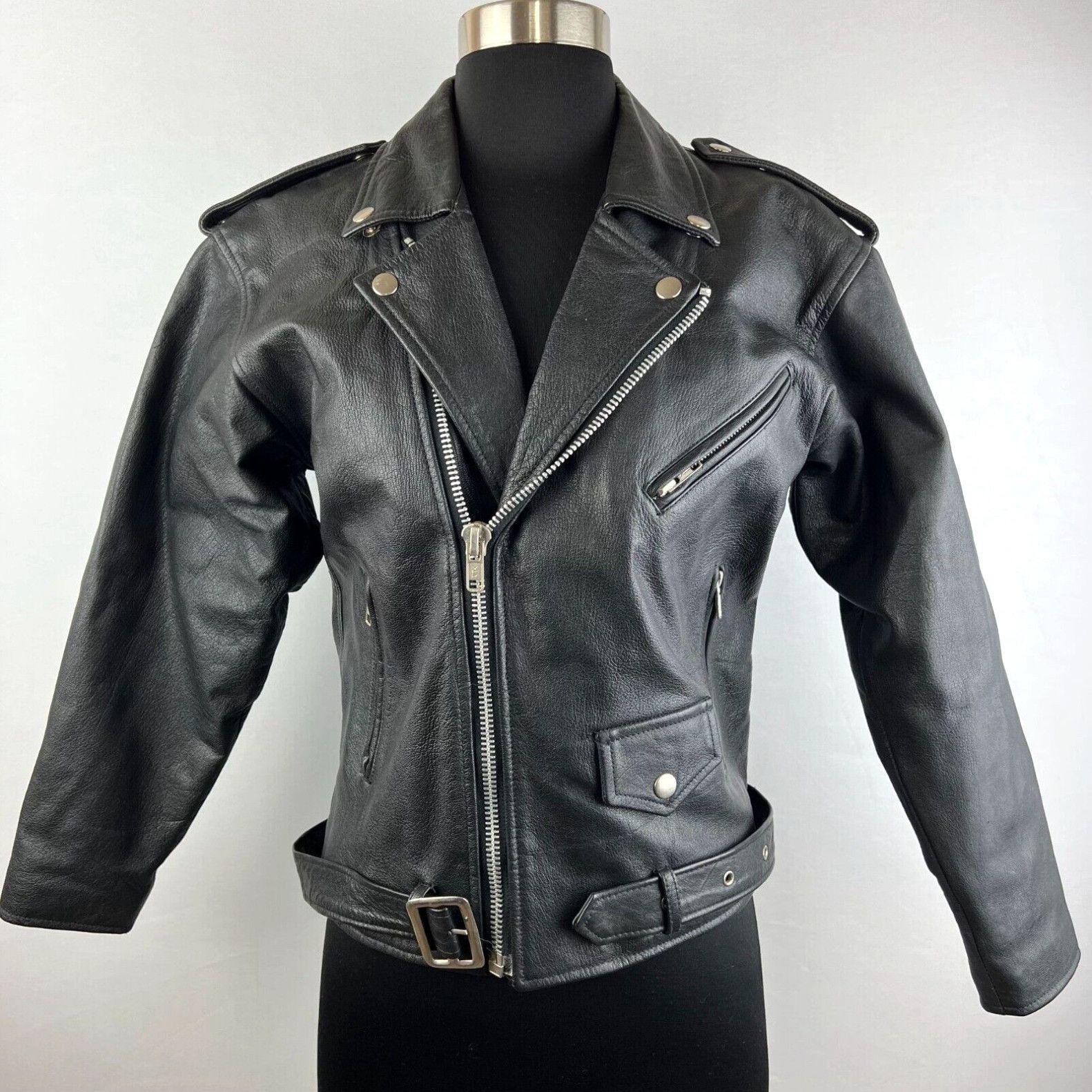 Image of Vintage Kc Collections Biker Leather Moto Motorcycle Jacket in White, Women's (Size Small)