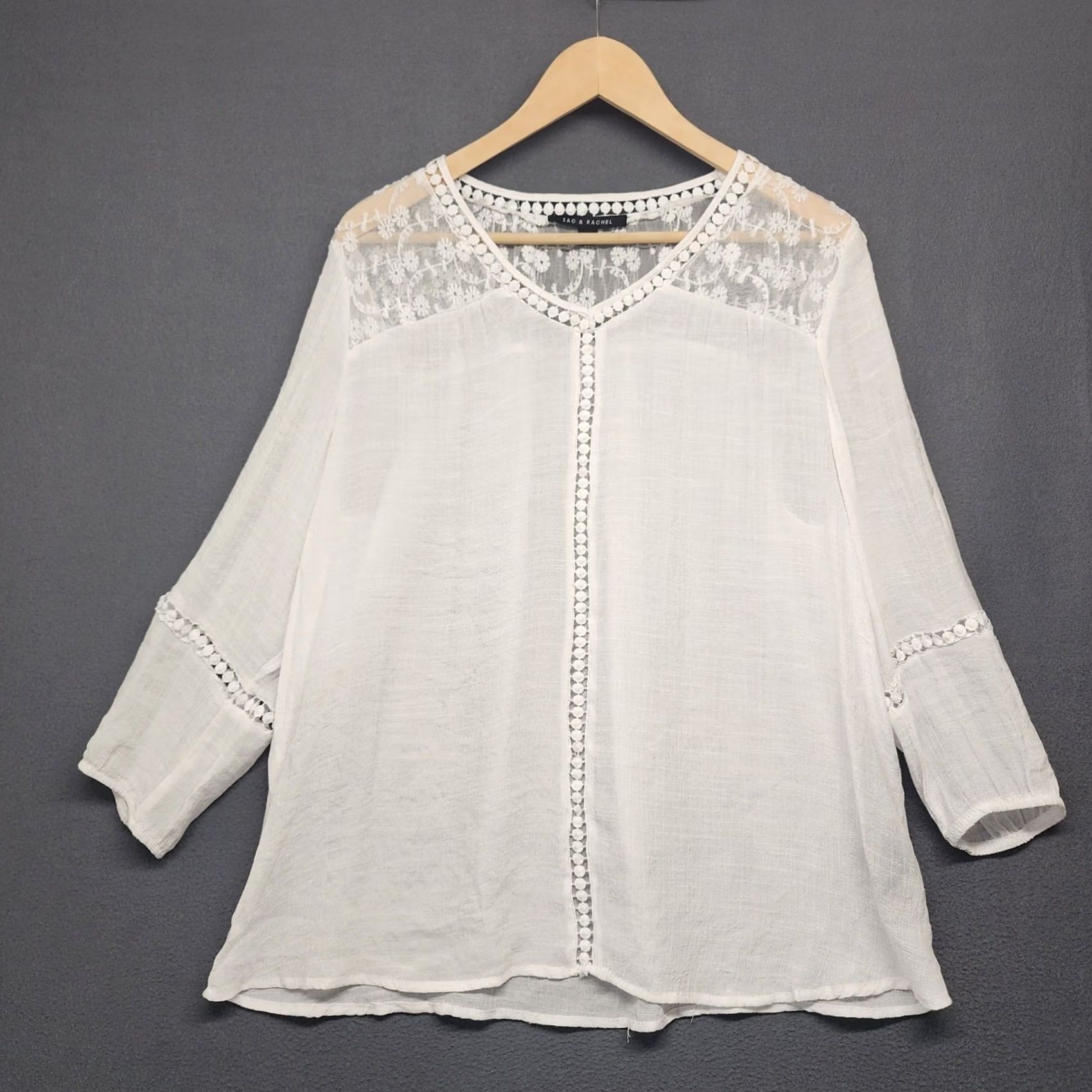 Vintage Zac & Rachel Blouse Womens Large Boho White Cream Crochet Trim Peasant Top 3/4 Sleeve L Size L / US 10 / IT 46 - 2 Thumbnail