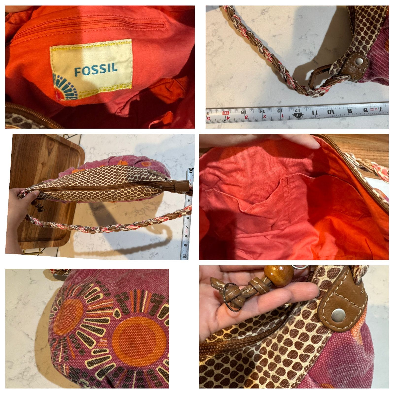Guess vintage Fossil Canvas Hobo Bag abstract orange brown floral Size ONE SIZE - 16 Thumbnail
