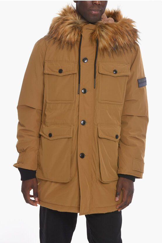 image of Diesel W-Jorg Multipocket Puffer Jacket With Faux-Fur in Brown, Men's (Size XL)