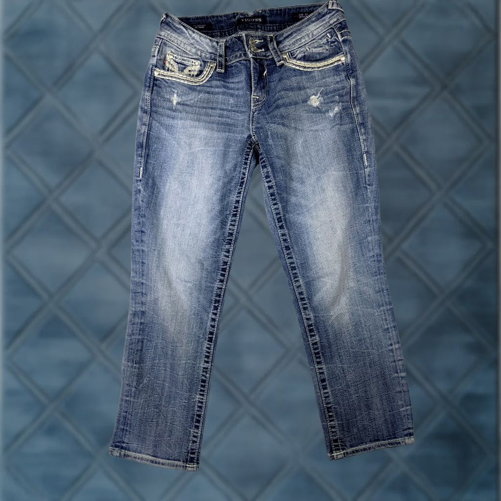 Vintage VIGOSS Chelsea Boyfriend Womens Jeans Low Rise Light Wash Blue 3 4 Thick Stitch Distressed Whiskered Stretch Button Zip Fly 26 Inseam XS? Wait Size 27" / US 4 / IT 40 - 1 Thumbnail