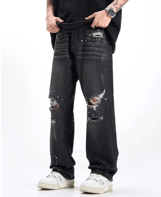 Japanese Brand American ink-splashed black straight loose ripped jeans Size US 32 / EU 48 - 1 Thumbnail