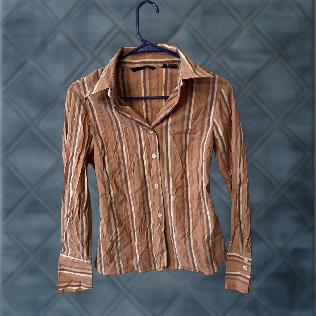 Zara Zara Career Tailored Shirt Women Small Beige Caramel Striped 100% Cotton Womens Size S / US 4 / IT 40 - 1 Thumbnail
