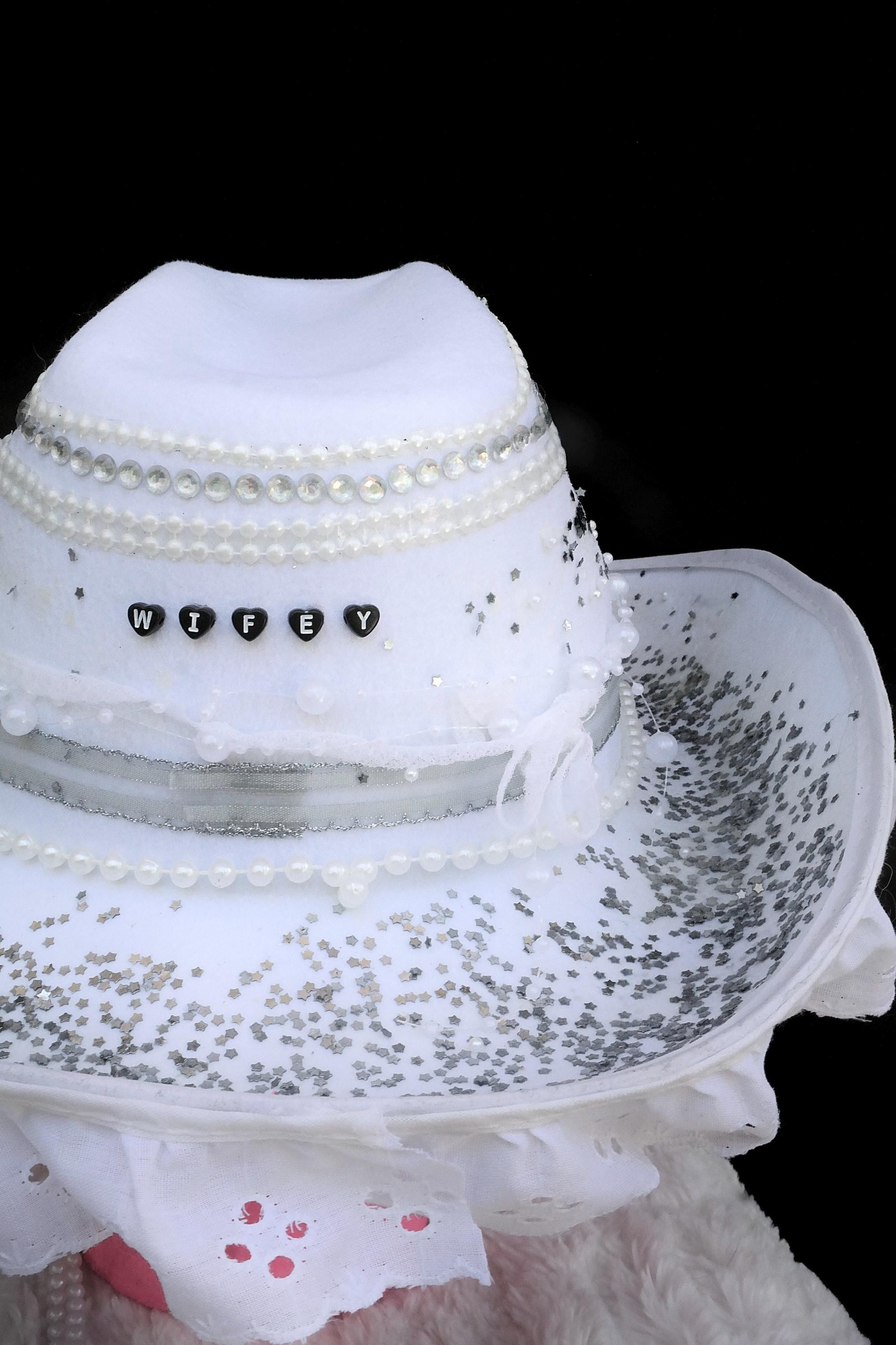 Handmade Glitter Pearl Wifey Cowgirl Hat Size ONE SIZE - 2 Thumbnail