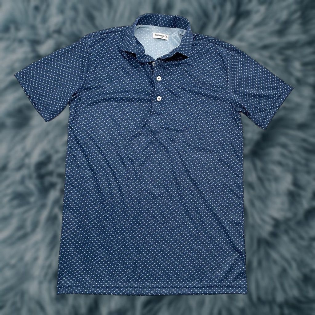Collars & Co Shirt Adult Small Blue Polo Short Sleeve Dress Collar Mens S Polo Shirt Blue Geometric Pattern Business Casual Golf Workwear